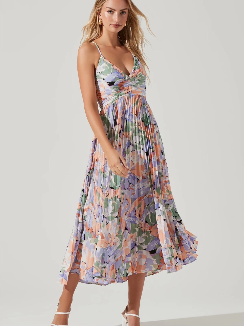 Blythe Floral Plisse Midi Dress in Coral Multi